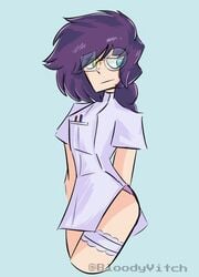 1boy anime_nose artist_name bloodyvitch blue_eyes femboy fnafhs fnafhs_z3ro green_eyes heterochromia human long_hair_male male male_only no_visible_genitalia nurse nurse_uniform owynn_(fnafhs) purple_hair solo