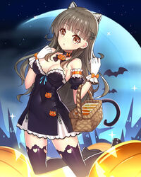 :< animal_ears bangs bare_shoulders basket bat black_dress black_legwear blunt_bangs blush bow breasts brown_eyes brown_hair cat_ears cat_tail choker crescent_moon detached_sleeves dress female full_body gloves halloween long_hair looking_at_viewer moon night night_sky original puffy_short_sleeves puffy_sleeves pumpkin ririko_(zhuoyandesailaer) short_sleeves sky solo strapless_dress tail thighhighs white_gloves