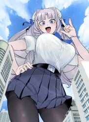 absurdres blue_eyes breasts bun_cover city cropped_legs drill_hair female fujido_oriko giant giant_ojou-sama giantess grey_hair hair_intakes hand_on_own_hip highres large_breasts long_hair looking_at_viewer miniskirt nikukaiq oerba_yun_fang official_art open_mouth outdoors pantyhose pleated_skirt shirt skin_fang skirt smile tented_shirt white_shirt