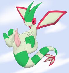 2016 animal_genitalia animal_penis anus big_penis crossed_arms dragon erection feral flygon flying male nintendo penis pokemon pokemon_(species) scalie simple_background solo video_games wide_hips wings yumei