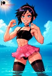 1boy ai_generated beach black_hair blue_eyes bulge bulge_through_clothing femboy flat_chest ilfb looking_at_viewer pantyhose short_hair skirt smile smiling standing trap