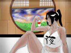 1girls black_hair bleach dark-skinned_female dark_skin hairband milk_bottle ponytail room safe shihouin_yoruichi sitting solo tata thick_thighs white_shirt yellow_eyes