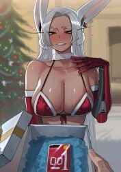 1boy 1girls 2024 absurdres blush boku_no_hero_academia breasts christmas christmas_outfit christmas_tree cleavage condom_box dark-skinned_female dark_skin ear_piercing earrings female female_focus gift gift_box heart highres large_breasts long_hair looking_at_viewer male male_pov miruko my_hero_academia present rabbit rabbit_ears rabbit_girl ratatatat74 red_eyes rumi_usagiyama white_hair