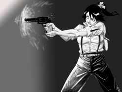 1girls black_hair bleach bullet firearm hairband holster pistol revolver safe shihouin_yoruichi shirt solo tata trousers weapon white_shirt