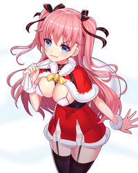 bell bikini_top blue_eyes blush breasts christmas erect_nipples female garter_straps long_hair looking_at_viewer original pink_hair ririko_(zhuoyandesailaer) santa_costume smile solo thighhighs