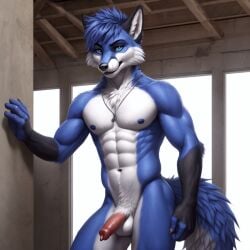 ai_generated anthro balls bluby_the_fox canine fox fox_tail fur furry genitals hair looking_at_viewer lying male male_focus male_only mammal nude penis solo tail