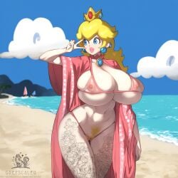 ai_assisted ai_generated beach blonde_hair blue_eyes curvy curvy_female curvy_figure female female_only greyscaler huge_breasts leg_tattoo long_hair mario_(series) micro_bikini micro_panties nintendo nipples ocean pink_clothing princess_peach pubic_hair robe sand see-through see-through_clothing solo_female solo_focus tagme tattoo thick_thighs venus_body voluptuous voluptuous_female wide_hips