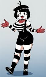 5_fingers ai_generated bandana big_breasts black_boots black_eyes black_hair black_hat black_overalls bonbon_(derpixon) boots curvy female female fully_clothed gloves hat long_sleeves mime mime_and_dash overalls pixai red_bandana red_gloves shirt simple_background striped_shirt striped_thighhighs thighhighs white_skin