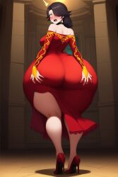 ai_generated amber_eyes blush brown_hair cinder_fall goldencum34 hands_on_ass huge_ass huge_butt narrow_waist red_dress rwby thick_thighs wide_hips