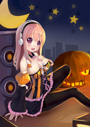 1girls :d bare_shoulders black_legwear blush body_blush breasts cleavage detached_collar detached_sleeves female front-tie_top hair_ornament hairclip halloween halterneck headphones jack-o'-lantern long_hair moon nitroplus open_mouth pantyhose pink_eyes pink_hair pumpkin ririko_(zhuoyandesailaer) sitting smile solo speaker star super_sonico