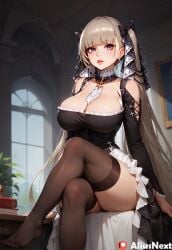 1girls ai_generated aliusnext azur_lane breasts crossed_legs cute feet female formidable_(azur_lane) from_below grey_hair high_resolution highres light-skinned_female long_hair maid pale_skin patreon stockings tagme teenager twintails