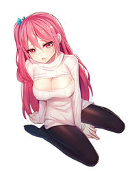 black_legwear blush breasts cleavage cleavage_cutout emily_(ririko) female large_breasts looking_at_viewer open-chest_sweater open_mouth original pantyhose pink_eyes pink_hair ririko_(zhuoyandesailaer) side_ponytail simple_background solo sweater white_background