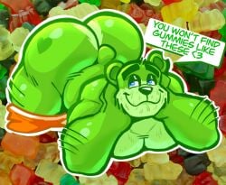 2024 :3 ass ass_focus ass_up bara bear beard big_ass bigbchevalier fat_ass gigantic_ass green green_body green_fur green_skin gummy_bear hairy moobs muscles muscular muscular_male pants_down speech_bubble