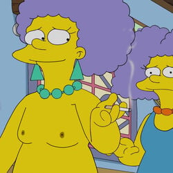 2girls breasts female female_only human multiple_females patty_bouvier selma_bouvier smoking the_simpsons