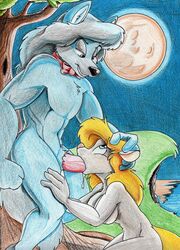 2016 animaniacs anthro breasts canine drooling erection fellatio female full_moon fureverick_(artist) hi_res male mammal minerva_mink mink moon mustelid navel nude oral penis saliva sex straight vein were werewolf wilford_wolf wolf