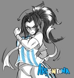 accelart angry_face argentina argentina-chan_(accelart) argentine_flag big_breasts black_eyes black_hair curvy_female long_hair muscle_girl national_personification no_bra no_panties ponytail scketch soccer_uniform world_cup