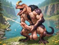 1boy 1male ai_generated anjanath anthro balls big_balls big_nipples big_penis big_testicles black_body booster_rex cum cumming daddy dinosaur erect_nipples erect_penis erection furry furry_male gay grass huge_balls huge_cock huge_nipples huge_testicles male male_only masturbating masturbation monster_hunter muscular muscular_anthro muscular_male nipples nude nudity open_mouth penis reptile scalie sharp_teeth solo tail testicles tongue tongue_out two_tone_body tyrannosaurus_rex water white_body