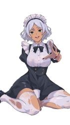 1girls alternate_costume blue_eyes blush bow colored_skin dark-skinned_female dark_skin enmaided gundam gundam_suisei_no_majo highres maid maid_headdress mizuno374 nail_polish open_mouth reaching reaching_towards_viewer red_nails secelia_dote smug thighhighs torn_clothes torn_thighhighs white_hair