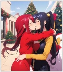 2females 2girls 2women ai_generated akeno_himejima christmas girl_on_girl high_school_dxd lesbian_couple lesbian_kiss lovers rias_gremory sapphic yuri