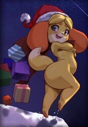 1girls animal_crossing ass breasts embarrassed female hitmanatee isabelle_(animal_crossing) nude santa_costume tagme