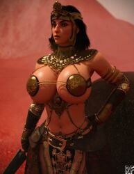 1girl black_hair massive_breasts medium_hair nipple_pasties path_of_exile path_of_exile_2 rude_frog sekhema_asala skimpy_armor