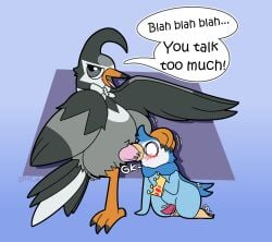 absurd_res beak beak_fetish beak_play beak_sex beakjob blush crown dialogue duo feet feral forced forced_oral generation_4_pokemon head_grab headgear hi_res male male/male nintendo oral otterjunk piplup pokemon pokemon_(species) prince_waddle sex size_difference staravia talons toes valean wings