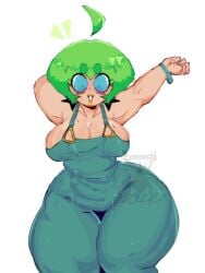 big_breasts blue_eyes foo_fighters green_hair jojo's_bizarre_adventure overalls stone_ocean stretching tagme v4mp1333 white_background wide_hips