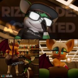 3_panel_comic 3d_(artwork) anthro ass bar bar_counter bar_stool baseball_cap bat big_breasts big_butt big_ears blender_(artwork) blender_cycles blue_eyes breasts clothing counter dialogue digital_media_(artwork) duo female flirting fur furniture green_body green_fur hat headgear headwear hi_res huge_butt humor hyper hyper_butt male male/female mammal onyxsplash pick-up_line rouge_the_bat sega sonic_(series) sonic_the_hedgehog_(series) stool vincent_(onyxsplash) white_body white_fur