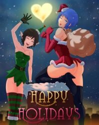 2girls absurd_res aqua_(kingdom_hearts) athletic_female black_hair blue_eyes blue_hair christmas christmas_hat christmas_headwear christmas_outfit cosplay disney duo_female elbow_gloves elf elf_ears female female_only full_bodys hi_res kingdom_hearts looking_at_viewer moon night_sky one_eye_closed pale-skinned_female santa_hat smile snow square_enix stradivarius thick_thighs thighhighs wink xion