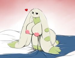 2016 all_fours anthro averyshadydolphin bandai_namco bed big_breasts breasts digimon digimon_(species) female furniture heart_symbol hi_res lagomorph long_ears looking_at_viewer mammal nipples nude simple_background solo terriermon