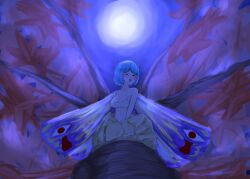 big_breasts blue_hair blush blush cocoon hatching kogasa_tatara moaning moaning_in_pleasure moon moonlight night nude nude_female red_eyes touhou