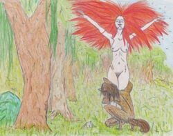 bush canine closed_eyes colored_pencil female forest fur grass heart hug human interspecies love male mammal nergal.bragi nude original original_character pale petals pubes red_hair romantic sky smile straight tree were werewolf