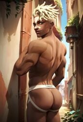 ai_generated ass back biceps blonde_hair blush brown_eyes dark-skinned_male dark_skin dreadlocks ekko gay jockstrap jockstrap_only league_of_legends looking_at_viewer looking_back male male_only muscular muscular_male nude_male smile toned_body toned_male twall97