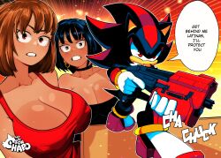 1boy 2girls big_breasts big_breasts breasts breasts clothed clothed_female dark_skin dark_skinned_female female funny human human_female latina latina_female male meme sega shadow_the_hedgehog sonchapo sonic_(series) sonic_the_hedgehog_(series) video_game_character weapon