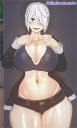 1girls angel_(kof) big_ass big_breasts blue_eyes breasts busty clothed curvaceous curvy_female female hourglass_figure huge_breasts jacket kiminodonuts king_of_fighters large_breasts light-skinned_female light_skin looking_at_viewer one_eye_obstructed pale-skinned_female pale_skin short_hair shorts smile smiling_at_viewer soft_breasts sports_bra tank_top thick thick_thighs thighs thong voluptuous voluptuous_female white_hair white_thong wide_hips