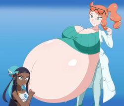 2girls breasts cleavage dark-skinned_female dark_skin eyewear_on_head female female_only glasses_on_head gym_leader huge_belly hyper_belly hyper_pregnancy interracial nessa_(pokemon) pokemon pokemon_ss pregnant pregnant_belly pregnant_female ready_to_pop sonia_(pokemon) spooky-gh0st sunglasses_on_head yuri