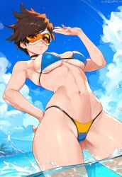 1girls ai_generated beach breasts brown_eyes brown_hair ded_173 overwatch solo swimsuit tracer