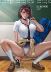 alexander_dinh azur_lane baltimore_(azur_lane) breasts brown_hair clothed embarrassed female female female_focus female_only fit fit_female horny horny_female looking_at_viewer panties school shirt short_hair skirt solo solo_female thong wet white_shirt white_skin yellow_eyes