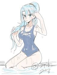 1girls armpit armpit_crease blue_eyes blue_hair blue_one-piece_swimsuit blue_swimsuit breasts clair_(pokemon) clothed deep_armpits feet_in_water legs_in_water looking_back one-piece_swimsuit pokemon pokemon_hgss pool poolside shu_(witb_) sitting solo swimming_pool swimwear wet wet_body