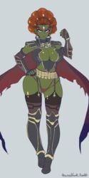 armor boots breasts cape cleavage clenched_hand earrings elbow_gloves female fingerless_gloves frown full-length_portrait full_length ganda ganondorf ganondorf_(twilight_princess) garter_straps gloves green_skin hand_on_hip large_breasts live_for_the_funk long_fingernails looking_at_viewer nintendo orange_hair panties pointy_ears portrait rule_63 serious sidelocks simple_background solo standing the_legend_of_zelda thick_eyebrows thighhighs tiara twilight_princess underwear vambraces