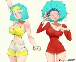 1girls bare_arms bare_legs bare_shoulders bare_thighs big_breasts blue_eyes blue_hair blush bulma_briefs clothed clothing color dragon_ball dragon_ball_z female female_focus female_only flytrapxx hi_res large_breasts light-skinned_female light_skin long_hair looking_at_viewer solo solo_female tagme thick_thighs