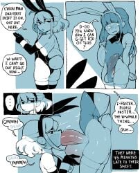 2boys ass ball_fondling bunny_boy bunnysuit caressing_testicles comic dialogue dizzyspells embarrassed fellatio femboy femboy_on_femboy gay huge_balls huge_cock male_only oral sissy text x-ray yaoi