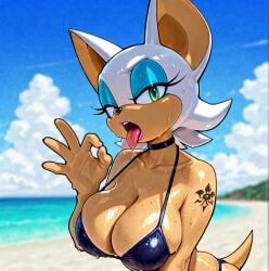 ai_generated beach bikini choker eyeshadow fellatio_gesture furry furry_female green_eyes large_breasts looking_at_viewer makeup mobia mobian_(species) outdoors rouge_the_bat sonic_(series) sonic_the_hedgehog_(series) stable_diffusion tail tattoo tongue tongue_out wet wet_body white_hair