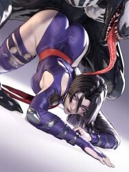 1boy 3d 3d_(artwork) bending_over black_hair bodysuit breasts doggy_style dress_up female large_breasts leotard marvel marvel_rivals parted_bangs popogori psylocke psylocke_(marvel_rivals) purple_leotard sharp_teeth spider-man_(series) teeth thick_ass thick_thighs thigh_highs thigh_strap thighs tongue tongue_out top-down_bottom-up venom_(marvel) x-men