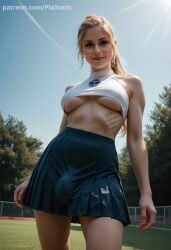 ai_generated blonde_hair bulge bulge_through_clothing celebrity cheerleader erin_moriarty futanari plaitonic realistic skirt