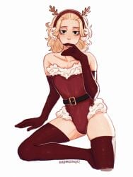 1boy blonde_hair_male christmas christmas_outfit collarbone ear_muffs elbow_gloves femboy femboy_only male_only manjiro_sano mikey_(tokyo_revengers) reindeer_ears santa_costume thighhighs thighs tiramisoups tokyo_revengers