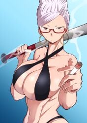 1girls ayase_seiko bat big_breasts black_underwear brown_eyes cigarette dandadan earrings female gilf glasses holding_object hoop_earrings long_hair ruta60 solo solo_female underwear white_hair yu_ki_ruta60