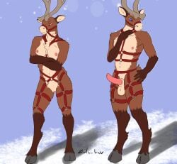 absurd_res anatomically_correct anatomically_correct_genitalia anatomically_correct_penis animal_genitalia animal_penis anthro antlers barely_visible_genitalia barely_visible_pussy blue_eyes breast_squish breast_tuft breasts bridle casual_nudity cervine_genitalia cervine_penis christmas cloven_hooves crossed_arms deer duo erection female fluffy fur genitals harness hi_res holidays hooves horizontal_pupils horn male mammal multicolored_body multicolored_fur new_world_deer nipples nude orange_eyes penis pupils pussy reindeer squish standing unguligrade zulu_uwu