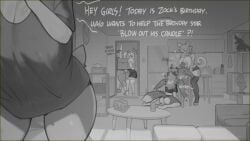 16:9 anthro areola biped bottomless bovid caprine clothed clothing dialogue exclamation_point female fur goat group group_sex hi_res kneeling male mammal nipples oral oral_penetration penetration penile penile_penetration question_mark sex short_tail sincrescent tail text threesome topwear widescreen zock
