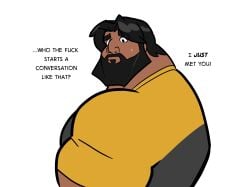 beard black_eyes black_hair blank_background comic comic_page comic_panel confused confusion dad_bod dialogue hector_(dckiq) large_male large_muscles sweatdrop tan_skin